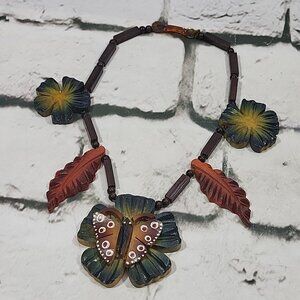 Wooden Carved Necklace Tropical Butterfly Leaves Flower